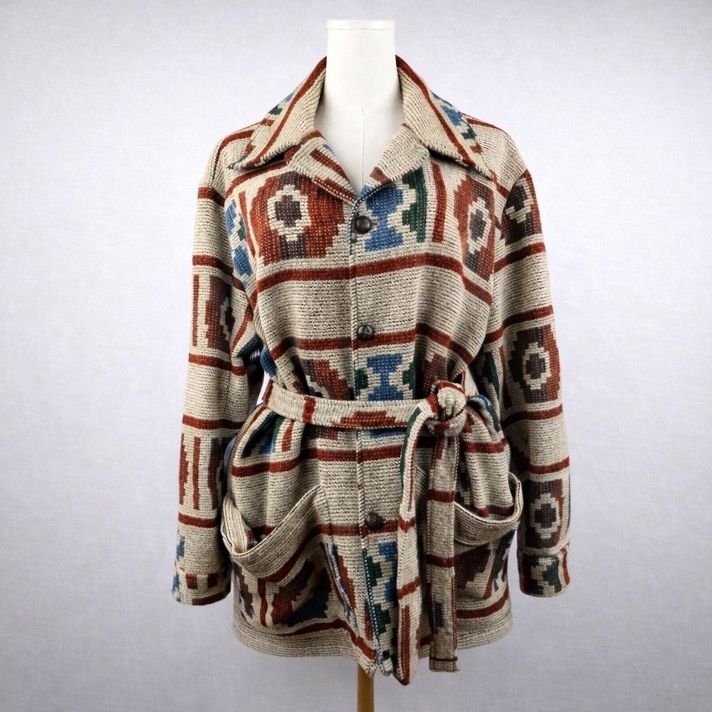 Vintage 1980s Woolrich Womens Woven Wool Southwest Belted Blanket Coat Jacket XL
